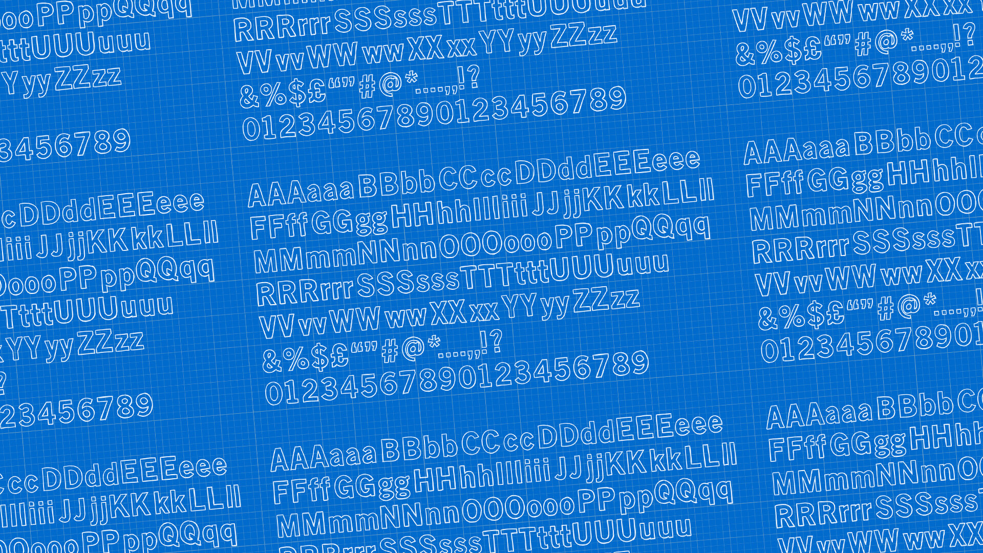 Lettere dell'alfabeto e numeri disegnati a contorno bianco su sfondo blu a griglia